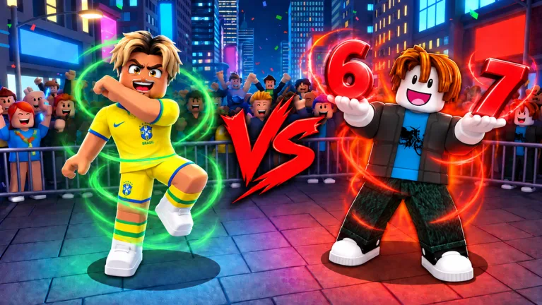 Aura Dance Battles official art: an avatar in a yellow football kit stands in a green swirling aura facing an avatar in a red aura holding two large red numerals, a 6 and a 7, across a red VS, with a dense crowd behind the barriers
