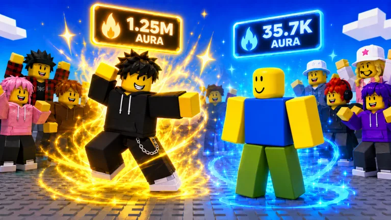 Aura Dance Battles official art: one avatar surrounded by a gold swirl under a counter reading 1.25M AURA faces a default avatar in a blue swirl under a counter reading 35.7K AURA, with crowds of Roblox avatars cheering on both sides