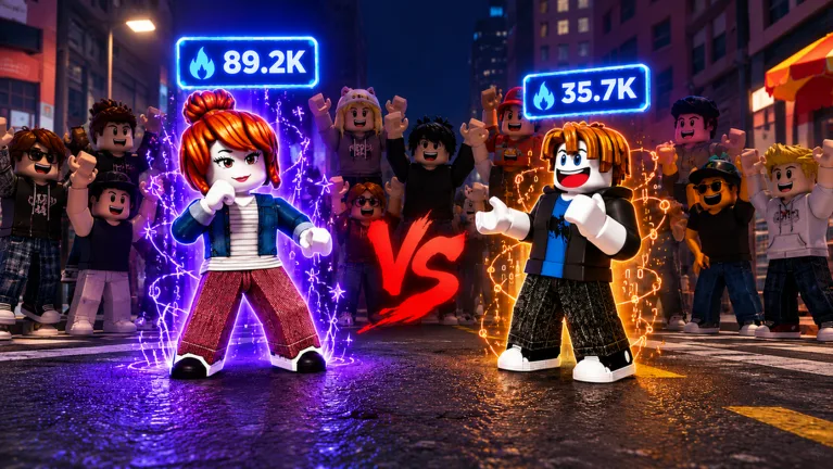 Aura Dance Battles official art: a purple-aura avatar with a counter reading 89.2K faces an orange-aura avatar with a counter reading 35.7K across a red VS on a night city street, with a crowd watching from behind